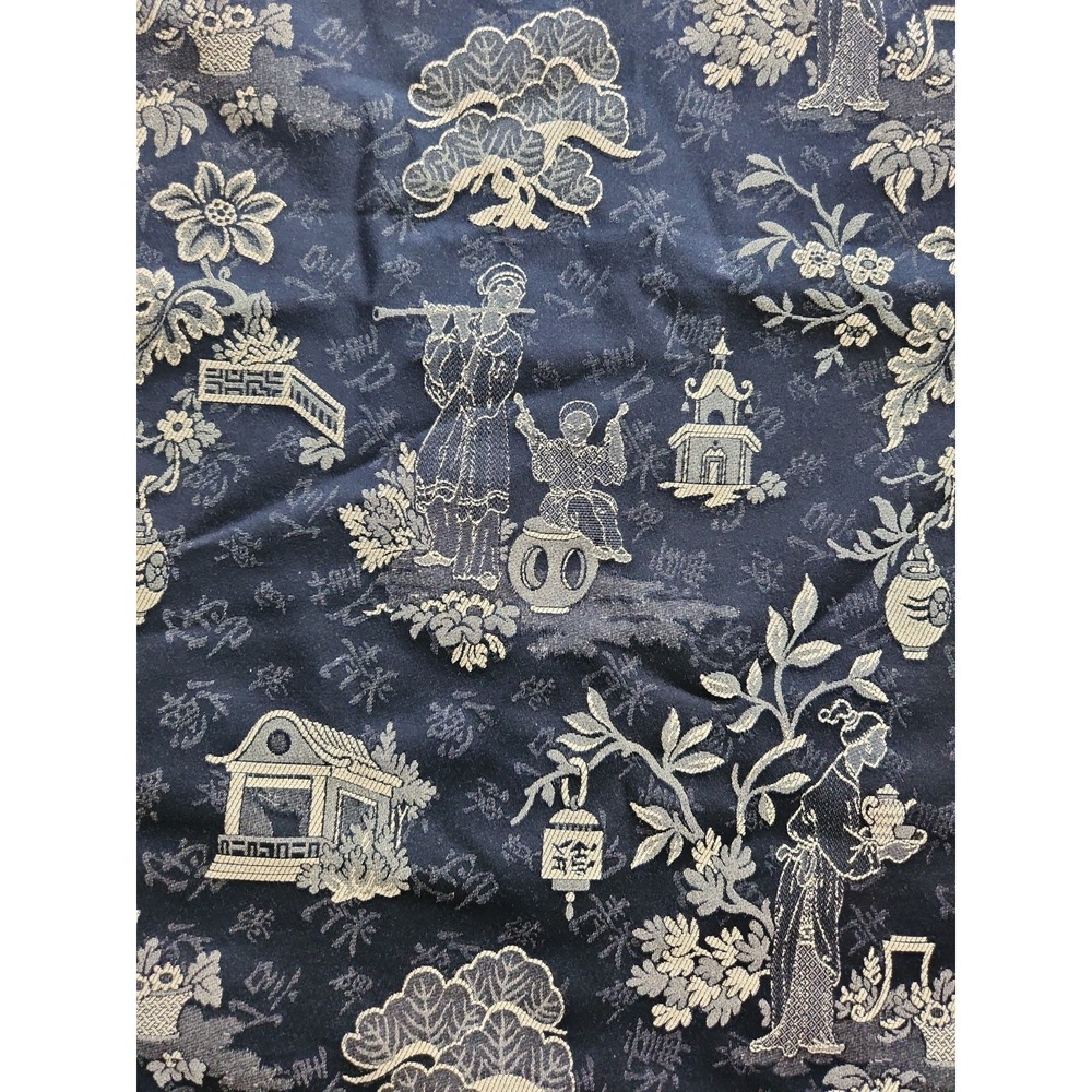 2+yds/Black Tan Chinoiserie Upholstery Damask Fabric  Asian Pagodas Tea Service
